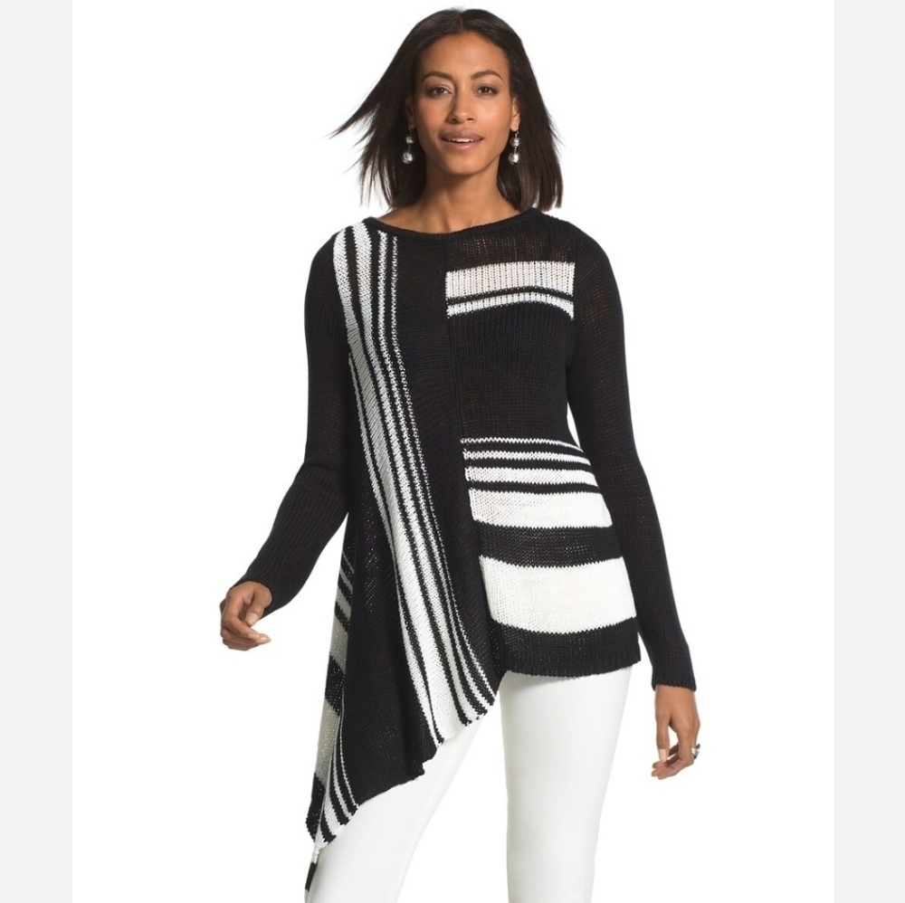 CHICOS Pieced Stripe lightweight Knit Sweater